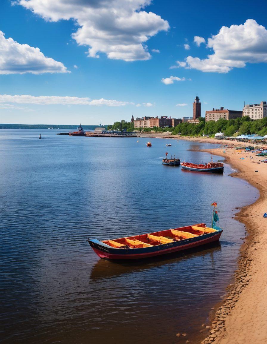 A panoramic view of Duluth's bustling maritime scene, showcasing a vibrant mix of sandy beaches and docked barges along the shore. Include colorful beach umbrellas, playful children building sandcastles, and crew members working on barges in the background. Capture the lake's shimmering water under a bright blue sky with wispy clouds, emphasizing the lively atmosphere. super-realistic. vibrant colors. panoramic.