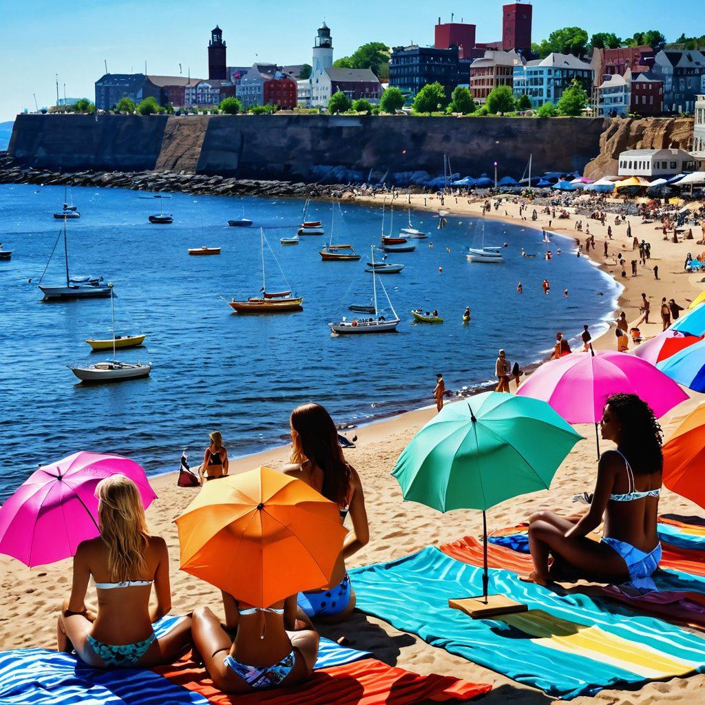 A vibrant beach scene featuring diverse models in stylish bikinis showcasing the latest trends, with colorful beach towels and umbrellas scattered around. In the background, a bustling harbor of Duluth, with sailboats and seagulls soaring, capturing the maritime essence. Bright sunlight illuminating the scene, reflecting off the waves. The atmosphere is lively and inviting, evoking a sense of summer fun. super-realistic. vibrant colors. white background.